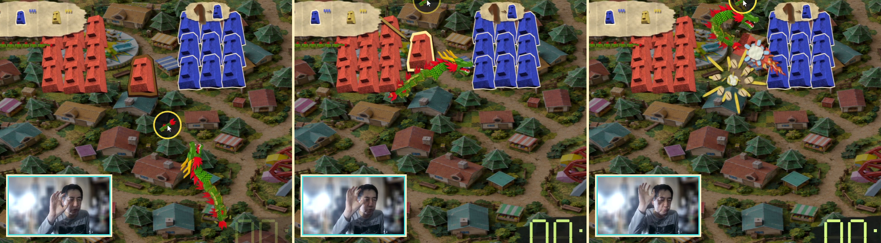 Three real gameplay frames showing hand movement, a dragon striking a Moai, and the resulting explosion.